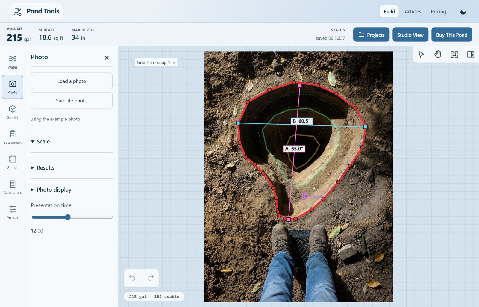 The Photo pane in PondTools with Load a photo and Satellite photo buttons beside a traced pond.