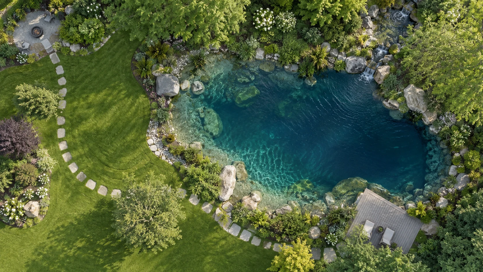 Aerial-style garden pond concept with a waterfall, planted shelves, rocks and surrounding paths.