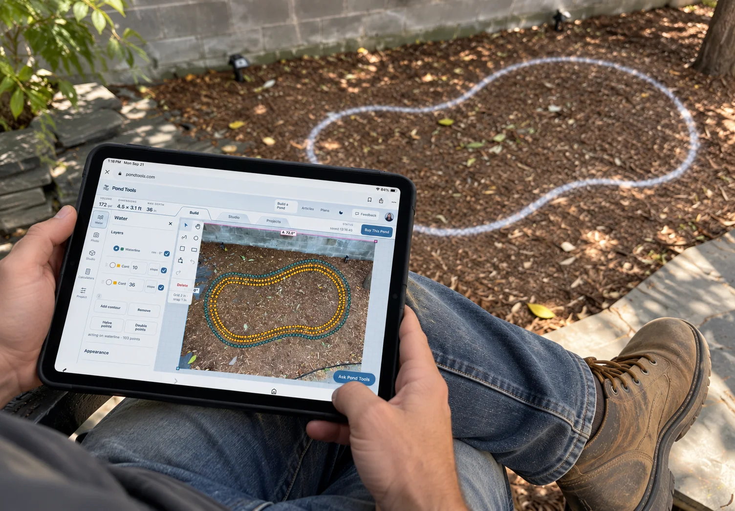 PondTools on an iPad beside a pond outline in a backyard